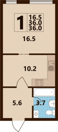 Однокомнатная квартира 36 м²